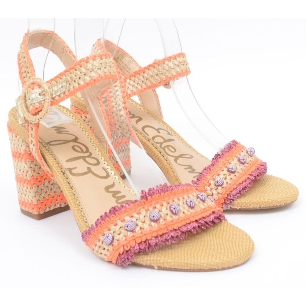 Sam Edelman Olisa Beaded Orange Raffia Chunky Heels Anklet Women's 8 Wide - Picture 4 of 12
